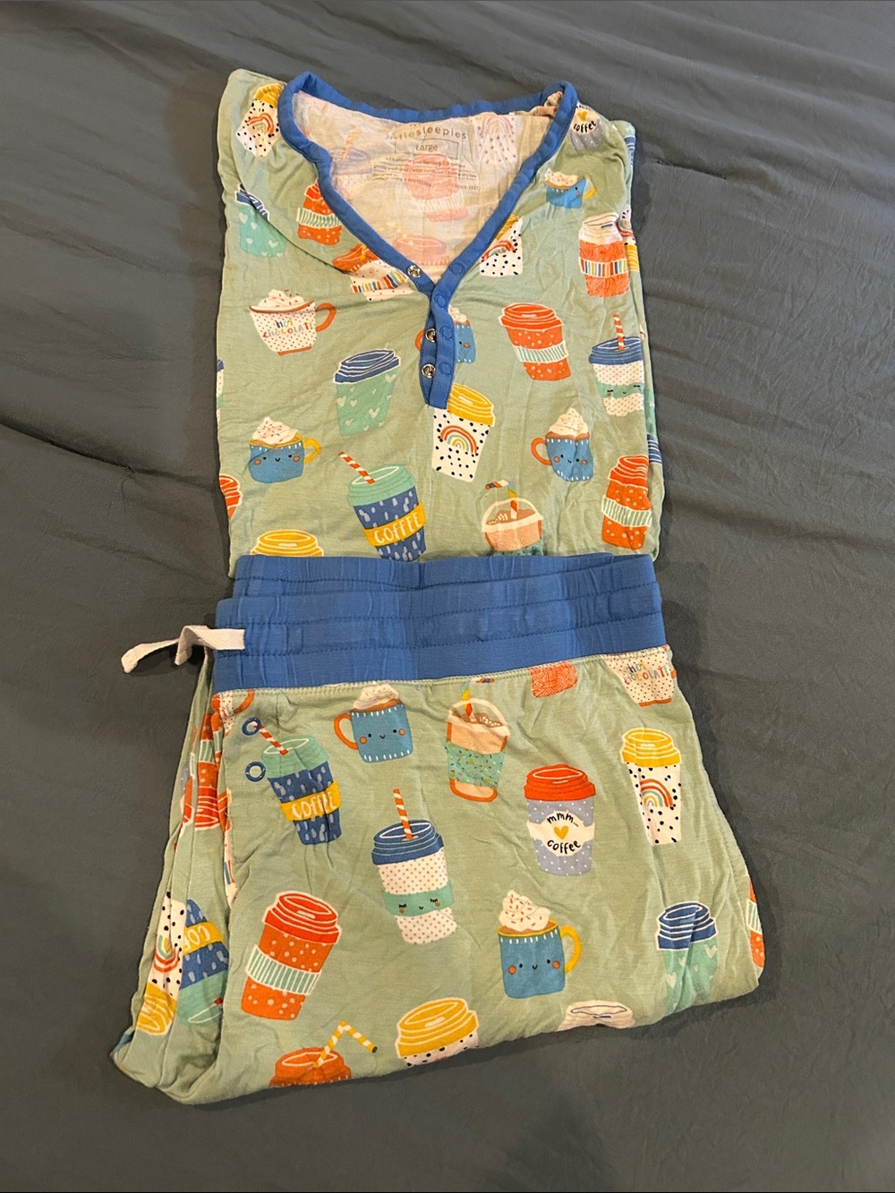 Little Sleepies Green Latte Cup Pajama Set with Blue Trim